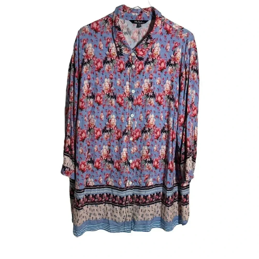 Ulla Popken size 24 26 Art-to-Wear floral  print blouse top button down shirt